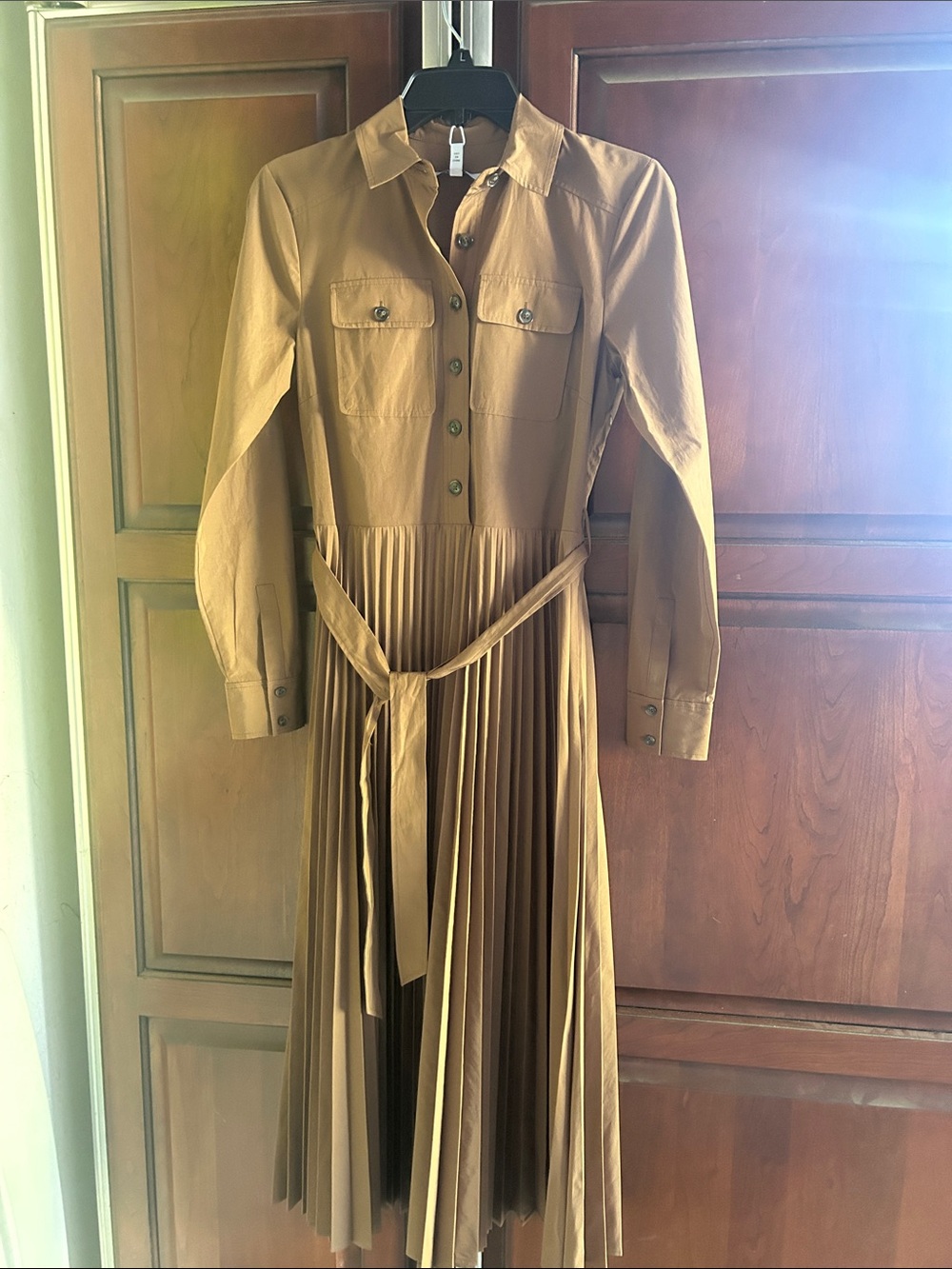10 Crosby Derek Lam Camel Long-Sleeve Pleated Shirt Dress
